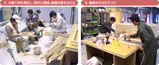 3. 木舞下地を想定し、割竹に藁縄、麻縄を巻き付ける 4. 縄巻き竹の打ちつけ